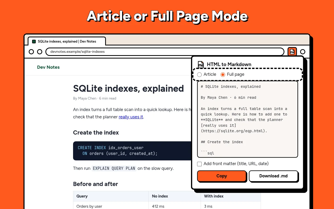 The popup with the Article and Full page switch and a preview of the result