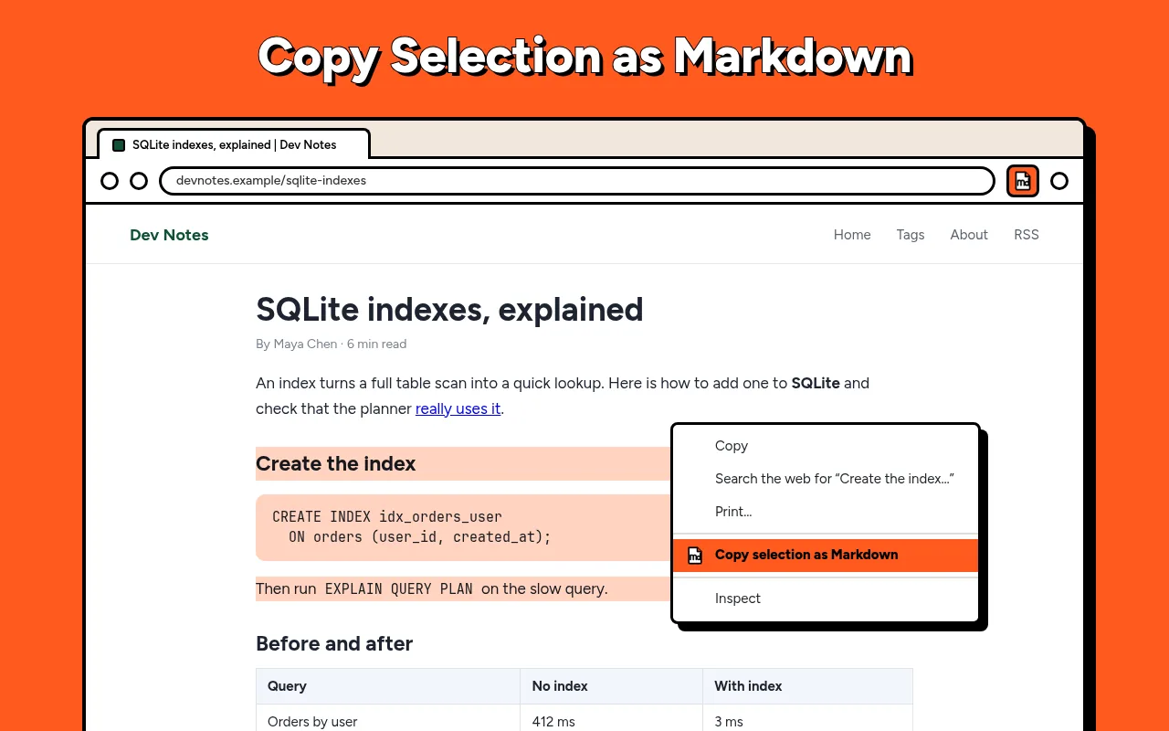 A selected part of the article and the context menu item that copies it as Markdown